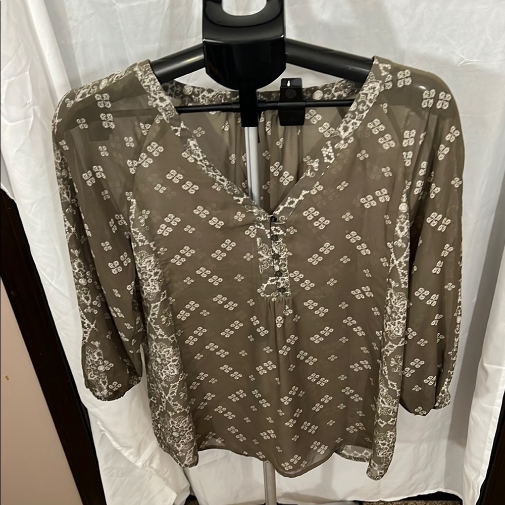 Maurices Brown and Gray Tie Front Blouse with Mandarin Collar